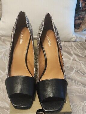 Calvin Klein Black Leather Peep Toe Pumps with Snakeskin Sides